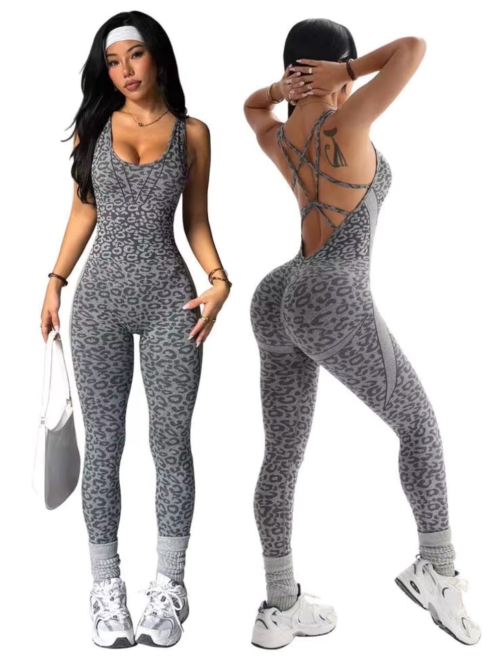 Women's Grey Leopard Print Strappy Back Jumpsuit
